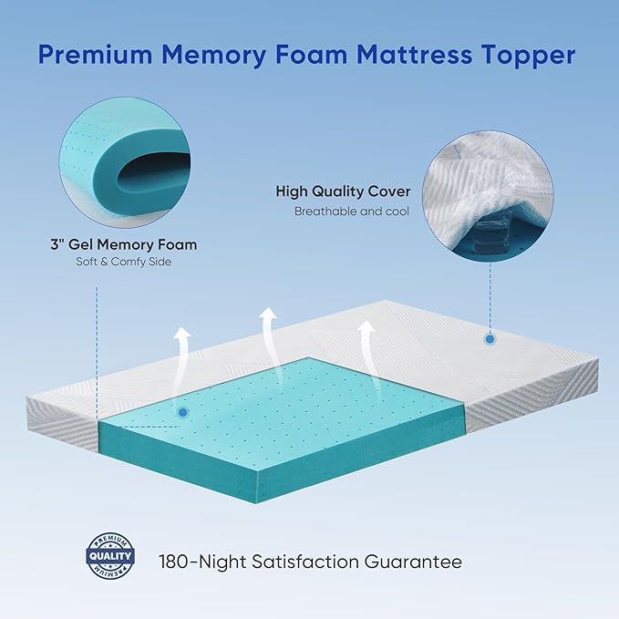 3 Inch Full Size Gel Memory Foam Mattress Topper High Density Cooling Pad Pressure Relief Bed Topper with Removable & Washable Cover