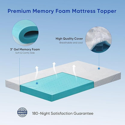 3 Inch Queen Size Gel Memory Foam Mattress Topper High Density Cooling Pad Pressure Relief Bed Topper with Removable & Washable Cover - Nanoocool™