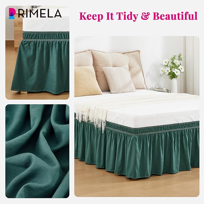 RIMELA Emerald Green Bed Skirt King Size 15 Inch Drop, Wrap Around Elastic Bedskirt, Dust Ruffle for Adjustable Bed Base Machine Washable Easy to Install Bed Skirts,Christmas Bedroom Decor