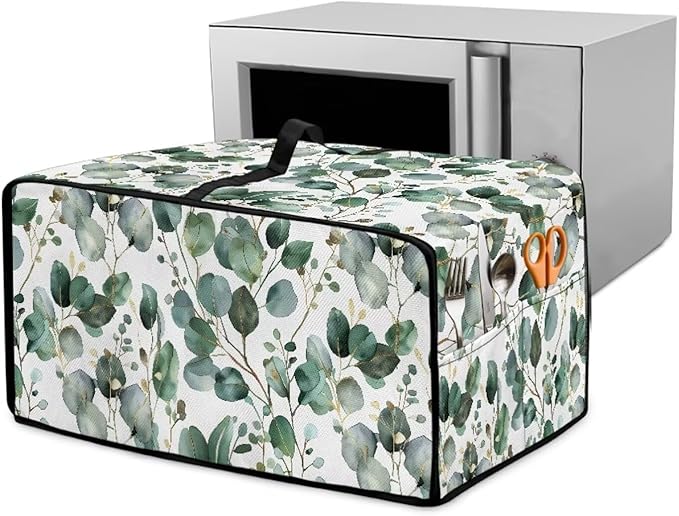 Toaster Oven Cover with Side Pockets, Dustproof Smart Microwave Convection Oven Cover with Handle, for Kitchen Decor, M, 16.5 x 20.5 x 10 Inches, Eucalyptus Leaves Green White