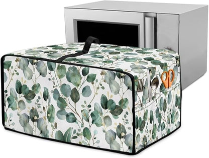 Toaster Oven Cover with Side Pockets, Dustproof Smart Microwave Convection Oven Cover with Handle, for Kitchen Decor, M, 16.5 x 20.5 x 10 Inches, Eucalyptus Leaves Green White