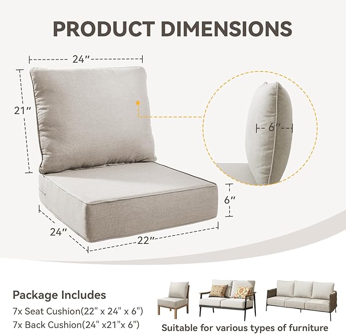 Outdoor Cushion Set for Furniture Patio Furniture, UV Resistant, Water Resistant - 6 Inch Thick Foam Garden Cushions – 22x24 Inch Patio Seat Covers for Chair/Sofa/Couch | Beige | 7-Pack |