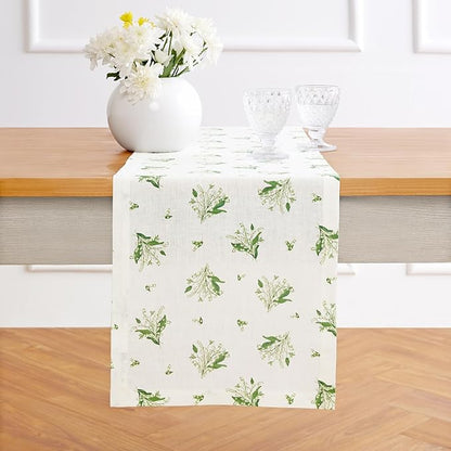 Solino Home Lily Floral Print Table Runner 36 inch - 100% Pure Linen Table Runner 14 x 36 Inch - Machine Washable - Lily of The Valley/White Print