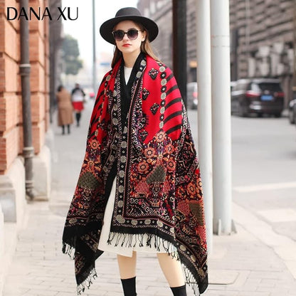 DANA XU 100% Merino Wool Pashmina Shawl for Women 96"x43", Oversized Cashmere Wrap with Tassels, Floral Travel Blanket Cape
