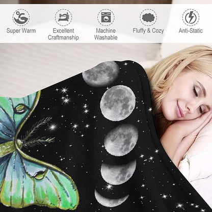 Moth Floral Flannel Blanket, Gothic Witchy Moon Phase Botanical Vintage Wildflower Plantsprint Soft Warm Fuzzy Throw Blanket for Couch Sofa Office Bed, 50"x60"