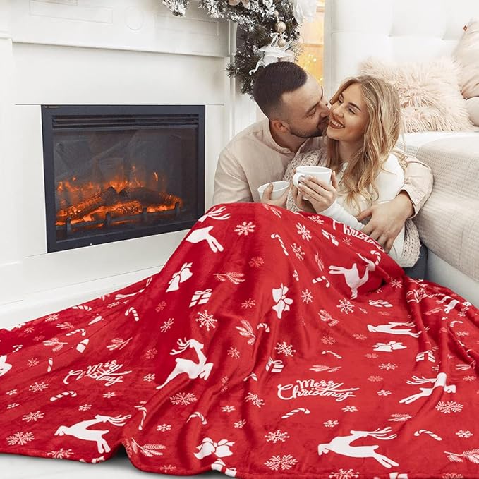PAVILIA Christmas Throw Blanket | Holiday Christmas Reindeer Snowflakes Fleece Blanket | Soft, Plush, Warm Winter Cabin Throw, 50x60 (Red Reindeer)
