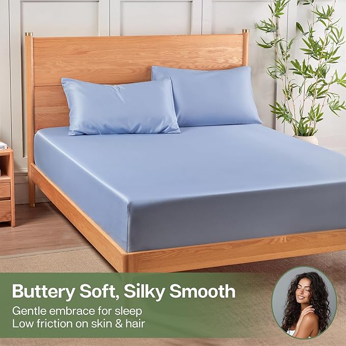 MR&HM Twin XL Fitted Sheet Only, Ultra-Soft Rayon Derived from Bamboo & Polyester Blend, Silky & Breathable, 15" Deep Pocket with Elastic Straps, Cooling Fitted Sheet for Hot Sleepers, Light Blue