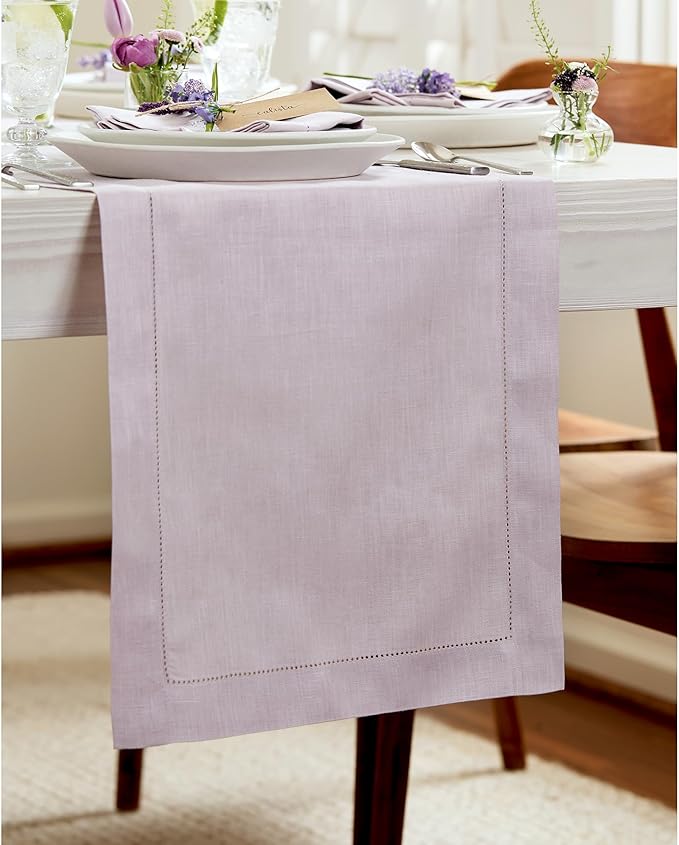 Solino Home Linen Lilac Table Runner 90 Inches Long - 100% Pure Linen Hemstitch 14 x 90 Inch Table Runner for Dining, Christmas, New Year - Classic Hemstitch