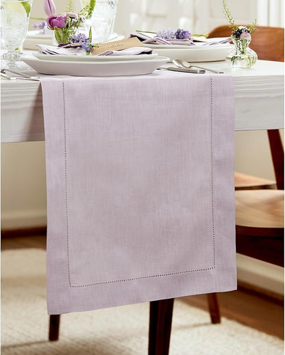 Solino Home Linen Lilac Table Runner 156 Inches Long - 100% Pure Linen Extra Long Table Runner 14 x 156 Inch for Christmas, New Year - Classic Hemstitch