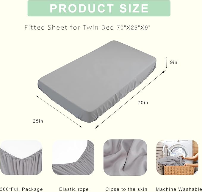 Fitted Sheets 25x70 Inches, 2 Pack Super Soft Microfiber Cot Size Sheet Set for Narrow Twin, Camp Bunk, RV Bed, Army Cot & Trifold Mattress, Breathable Bottom Bed Cover, Light Grey