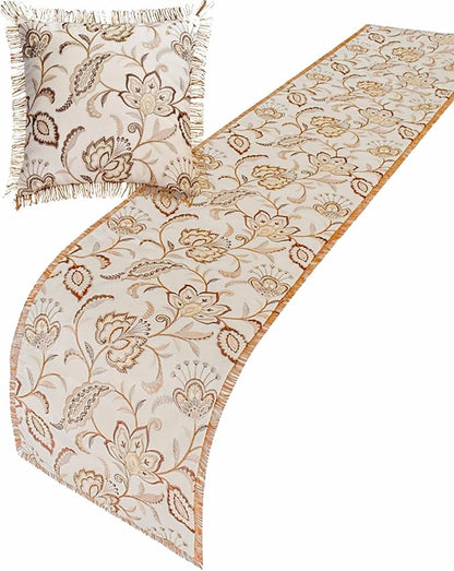 The HomeCentric King/Queen/Twin Beige Decorative Bed Runner CA King 86"x18" Bed Runner with Two Pillow Cover, Floral, Pearl, Jute Lace, Embroidery Bed Scarf on Cotton Fabric - Floral Luster