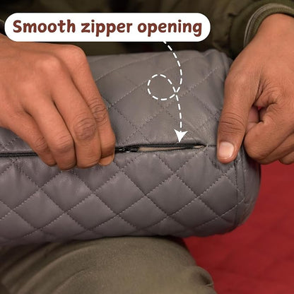 Neck Roll Pillow Cushion Cover, 24x6 Inch Full Moon Round Bolster Pillow Case, Cylinder Soft Lambskin Leather Pillowcase for Head, Spine & Neck Support During Sleep - Quilted Grey Pack of 1