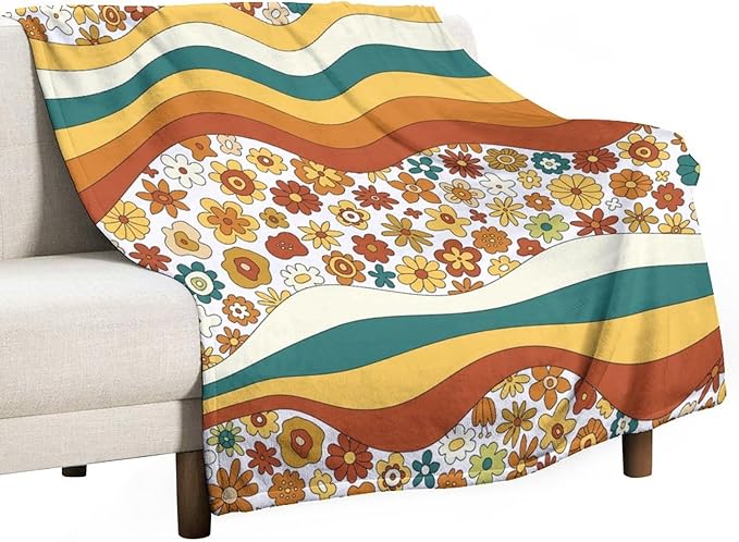 70s Retro Floral Throw Blanket, Boho Groovy Wavy Geometric Hippie Cute Flowers Yellow Orange Abstract Print Blanket for Holiday Theme Home Decor Bedding Couch and Gift 40"x50"