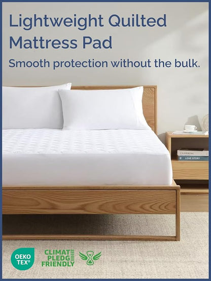 Quilted Fitted Mattress Pad Full Size - Elastic Fitted Mattress Topper Protector & Cover - Breathable, Soft, Low Profile Top Cover with 8-16 Inch Deep Pockets - Easy-Fit and Machine Washable - White