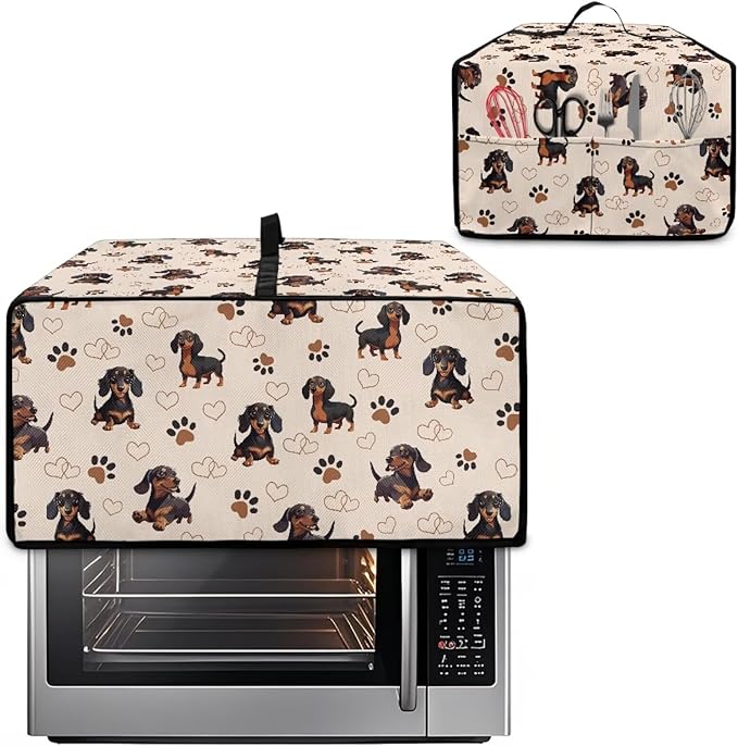 Dachshund Dog Heart Paw Print Toaster Oven Cover with Storage Bags Waterproof Dust Cover for Microwave Oven Polyester-Linen Fabric Small Appliance Dust Covers Fits Most Microwaves, M