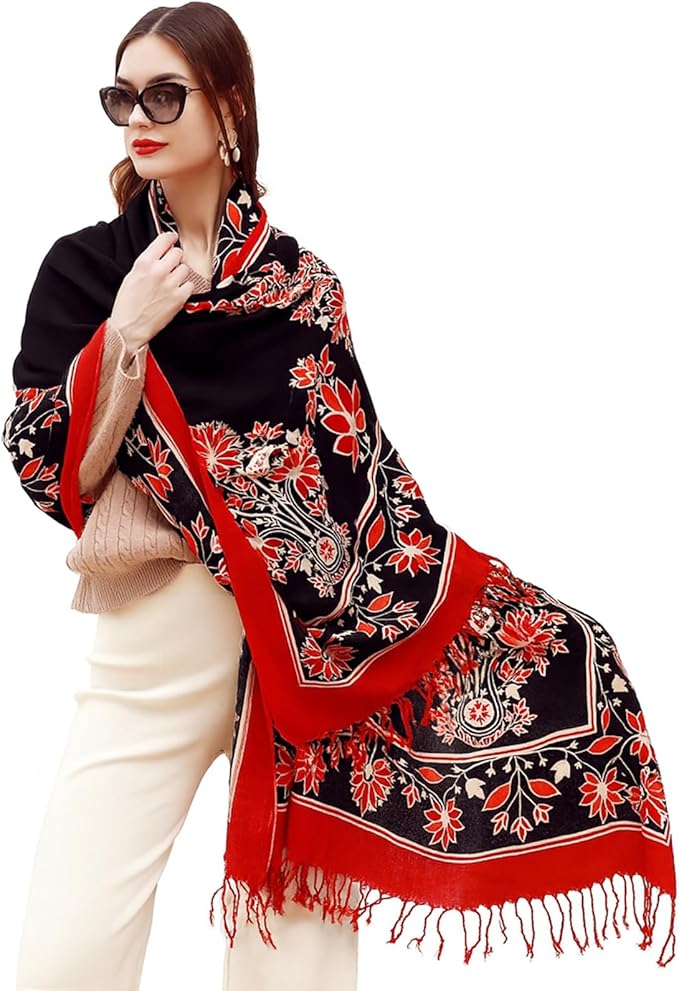 DANA XU 100% Merino Wool Extra Large Pashmina Blanket Travel Scarf Cashmere Wrap for Women Fall Winter Oversize Shawl Floral
