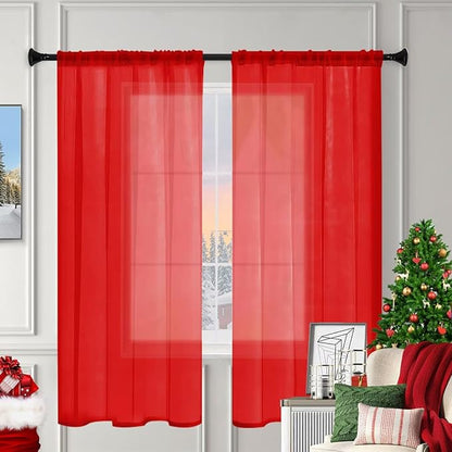 Sheer Curtains 45 Inches Long 2 Panels, Rod Pocket Short Curtain for Kitchen, Bedroom, Cafe Window(Red 38" W x 45" L)