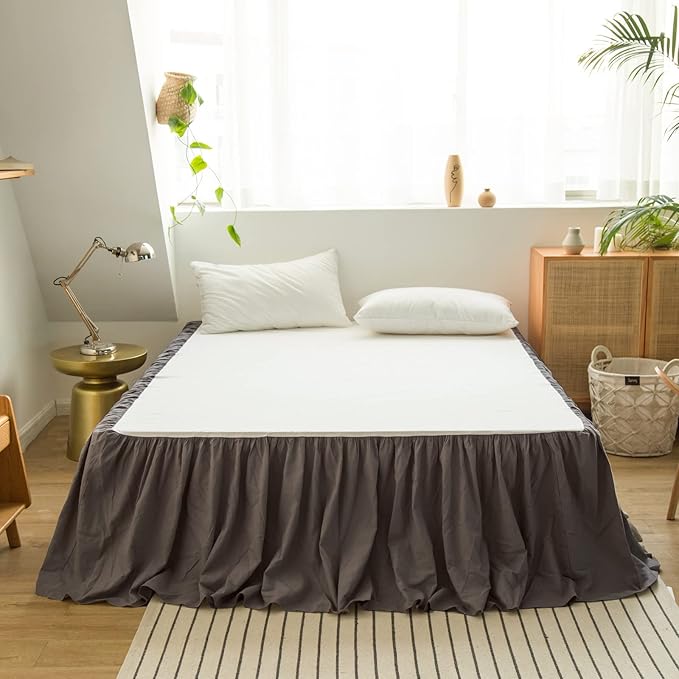 BISELINA French Linen Bed Skirt with Pleated Frills 14-Inch Tailored Drop Natural Flax Cotton Blend Dust Ruffle Soft Cozy Farmhouse Bedding (14" Queen, Ruffle Dark Grey)