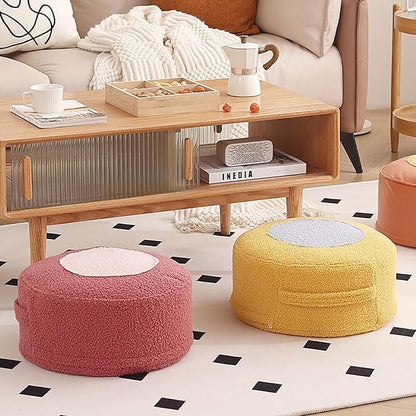 Round Pouf Ottoman Foot Rest, Stuffed Floor Pouf Foot Stool with Foam Chunk, Fluffy Storage Ottomans for Living Room Home Decor, Blue