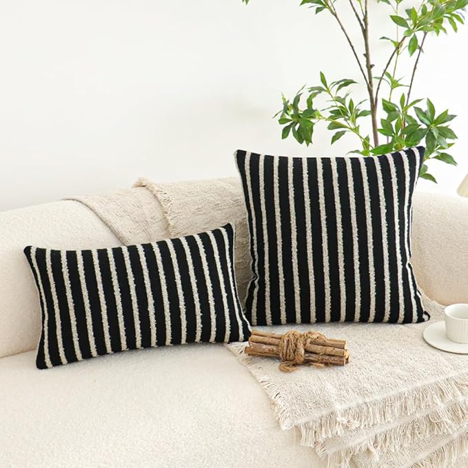 Jonhier Black Striped Boho Throw Pillow Cover, Modern Boucle Textured Square Pillowcase for Sofa Couch Bed, Neutral Farmhouse Accent Decorative Cushion Cover for Living Room Bedroom, 20 x 20 inch