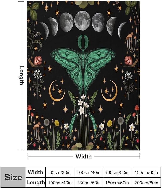 Moon Phase Moth Blanket, Vintage Botanical Mushroom Wildflower Gothic Night Moonlit Mysterious Witchy Throws Blanket for Sofa Bed Couch Chair, 60"x80"