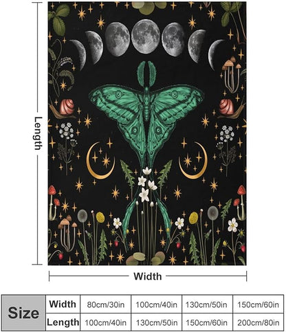 Moon Phase Moth Blanket, Vintage Botanical Mushroom Wildflower Gothic Night Moonlit Mysterious Witchy Throws Blanket for Sofa Bed Couch Chair, 60"x80"