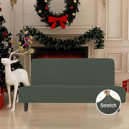 Easy-Going Stretch Futon Slipcover Armless Futon Bed Cover Furniture Protector Without Armrests with Elastic Bottom for Kids, Soft Jacquard Fabric Small Checks (Large, Olive Green)