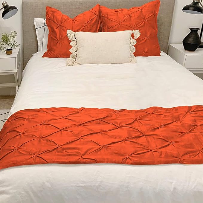 Bed Runner Set - 100% Pure Cotton 800 Thread Count - Luxury 1 Pinch Pleated Bed Runner and 2 Pillow Cover - 3 Piece Pinch Pleated Bed Runner Set King, Orange