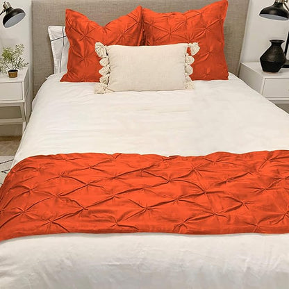Bed Runner Set - 100% Pure Cotton 800 Thread Count - Luxury 1 Pinch Pleated Bed Runner and 2 Pillow Cover - 3 Piece Pinch Pleated Bed Runner Set Queen, Orange