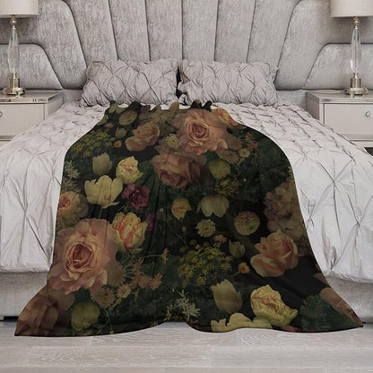 Black Floral Blanket, Rustic Watercolor Botanical Rose Peony Vintage Leaves Plant Boho Gothic Print Throw Blankets for Bed Living Room Bedding Couch Soft Decor, 40"x50"