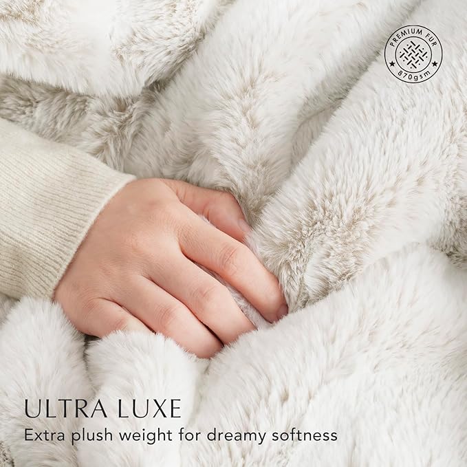 EVERGRACEHOME Ultra Soft Luxury Fluffy Mink Faux Fur Throw Blanket, Thick Warm Fall Winter Blankets for Bed, Couch, Cozy Plush Reversible Blanket for Chair, Sofa (Tipped Champagne Ivory, 60"x80")