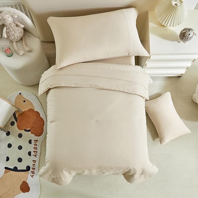 Toddler Bedding Set - 5 Piece Soft and Breathable Toddler Bed Set for Boys and Girls, Includes Quilted Comforter, Fitted Sheet, Flat Top Sheet, Standard Pillowcase and Toddler Pillowcase, Cream Beige