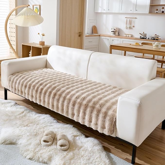 Faux Fur Couch Cover Fuzzy Soft Plush Thick Bubble Sofa Cover Luxury Sectional Couch Covers Luxury Anti-Slip Sofa Slipcover Washable Furniture Protector (Khaki,36"x94")