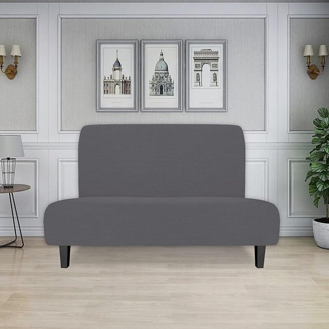Easy-Going Stretch Futon Slipcover Armless Futon Bed Cover Furniture Protector Without Armrests with Elastic Bottom for Kids, Soft Jacquard Fabric Small Checks (Medium, Grey)