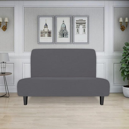 Easy-Going Stretch Futon Slipcover Armless Futon Bed Cover Furniture Protector Without Armrests with Elastic Bottom for Kids, Soft Jacquard Fabric Small Checks (Medium, Grey)