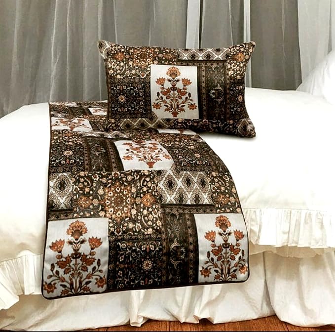 The HomeCentric King/Queen/Twin Brown Decorative Twin 53"x18" Bed Runner with 2 Pillow Cover Quilted Bed Scarf on Satin Fabric - Parisa