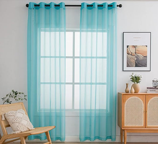 PI Teal Sheer Curtains with Rings Top,Lightweight Voile Textured,Casual Window Backdrop for Boys Room/Porch 2 Panels (W52 X L95, Lake Blue)