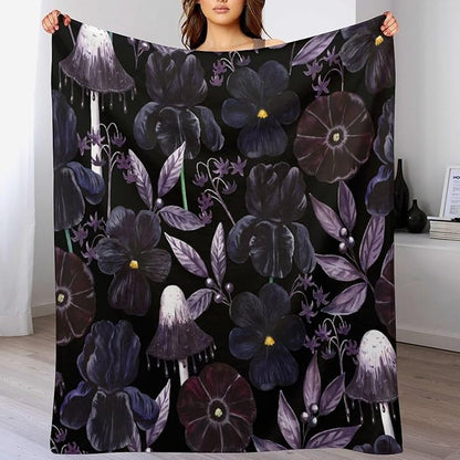 Gothic Floral Blanket, Vintage Abstract Black Purple Peony Flowers Mushroom Print Throw Blanket for Room Bedding Couch Decor Soft Lightweight Warm Cozy, 40"x50"