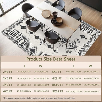 4x6 Western Area Rug Southwestern Tribal Black White Rug Non Slip Low Pile Large Carpet for Home Kitchen Living Room Bedroom Dining Room Office