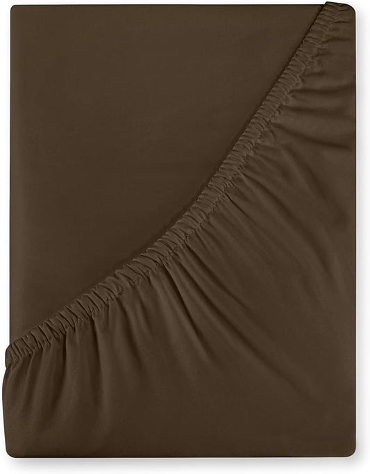 Royale Linens 400 Thread Count 100% American Grown Cotton Fitted Sheet Queen Size - All Around Elastic Fitted Sheet - Luxury Sateen Weave - Snug Fit Bottom Sheets Fit Up to 16" (Queen,Hazel Nut)