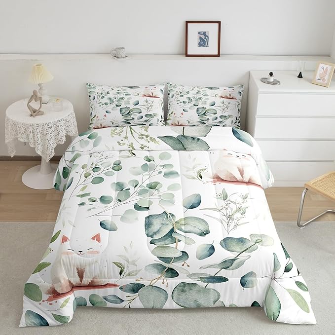 Erosebridal Kawaii Cat Toddler Comforter Set for Boys Girls Cartoon Animal Bedding Set Toddler, Eucalyptus Leaves Bedding Comforter Sets Pet Kitten Duvet Set, Tropical Plants Quilted Comforter