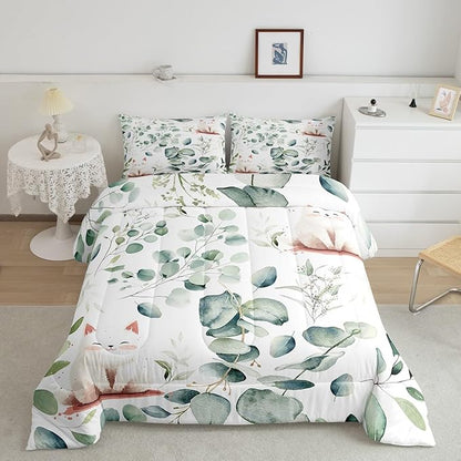 Erosebridal Kawaii Cat Toddler Comforter Set for Boys Girls Cartoon Animal Bedding Set Toddler, Eucalyptus Leaves Bedding Comforter Sets Pet Kitten Duvet Set, Tropical Plants Quilted Comforter