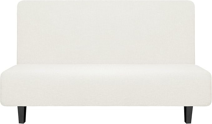 Easy-Going Stretch Futon Slipcover Armless Futon Bed Cover Furniture Protector Without Armrests with Elastic Bottom for Kids, Soft Jacquard Fabric Small Checks (Medium, Cream)