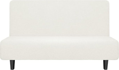 Easy-Going Stretch Futon Slipcover Armless Futon Bed Cover Furniture Protector Without Armrests with Elastic Bottom for Kids, Soft Jacquard Fabric Small Checks (Medium, Cream)