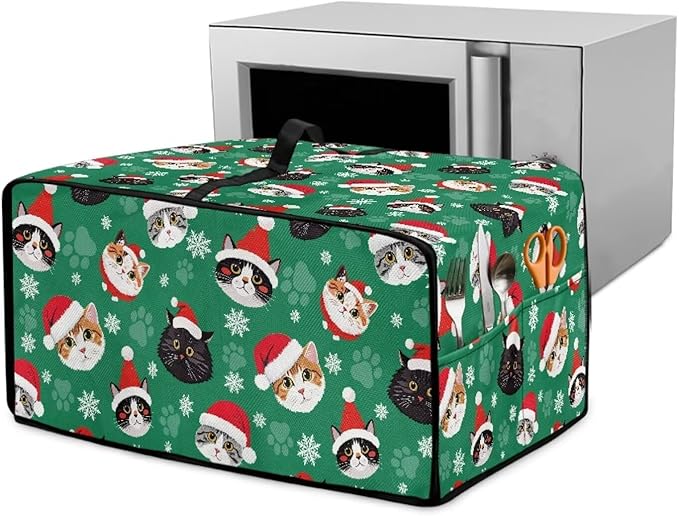 Christmas Decorations Countertop Convection Oven Cover Dust-Proof Toaster Oven Cover with Pockets, Countertop Convection Oven Protector, M, Christmas Hat Cat Paw Snowflake Green