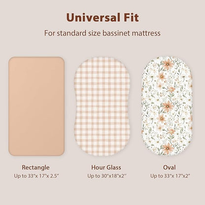 Baby Bassinet Sheets Girl Boy, Fitted Bassinet Sheet Set 3 Pack Bassinet Mattress Sheets Universal Fit for Rectangle, Round, Oval, Hourglass Mattress, Soft Breathable Orange Flowers & Plaid