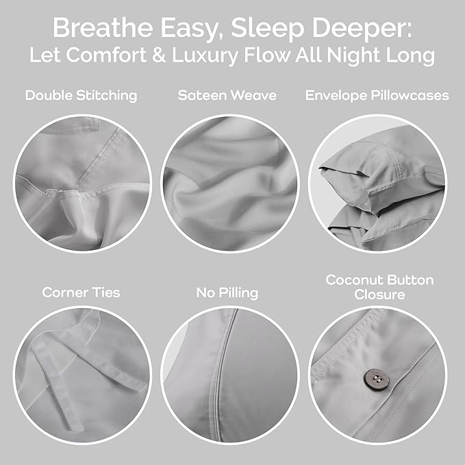 Duvet Cover Set - 100% Viscose Derived from Bamboo Duvet Cover Queen Size, 3 PC Luxury Cooling Duvet Cover for Hot Sleepers, Buttery Soft Comforter Cover & 2 PC Queen Pillowcases, Gray Mist