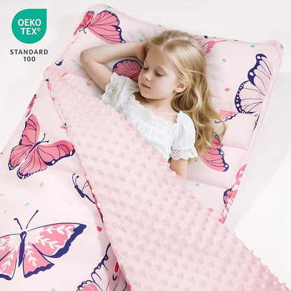 david's kids Minky Toddler Nap Mat with Pillow and Minky Fleece Blanket, Ultra Soft Slumber Bags for Girls, Perfect for Preschool, Daycare, Kids Sleeping Bags with Rollup Design, 50"x20", Butterfly