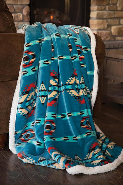 CARSTENS, INC. Ultra Premium Super Soft Plush Sherpa Fleece Oversized Throw Blanket 54" x 68", Turquoise Southwest