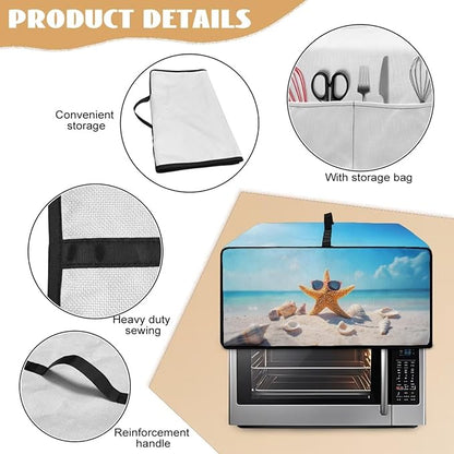 Dust Cover for Microwave Oven Heavy Duty Microwave Oven Cloth Cover with Storage Pockets Foldable Dust-Proof Kitchen Appliance Protector, Starfish Sunglasses Beach Seashell Print, L